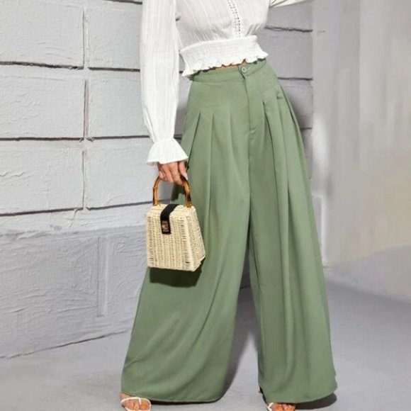 High Waist Fold Pleated Wide Leg Pants GREEN - Picture 2 of 6